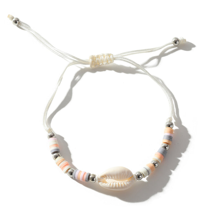 Adjustable Cowrie Shell & Multicolor Fimo Bead Bracelet - Handmade Boho Style String Bracelet for Women