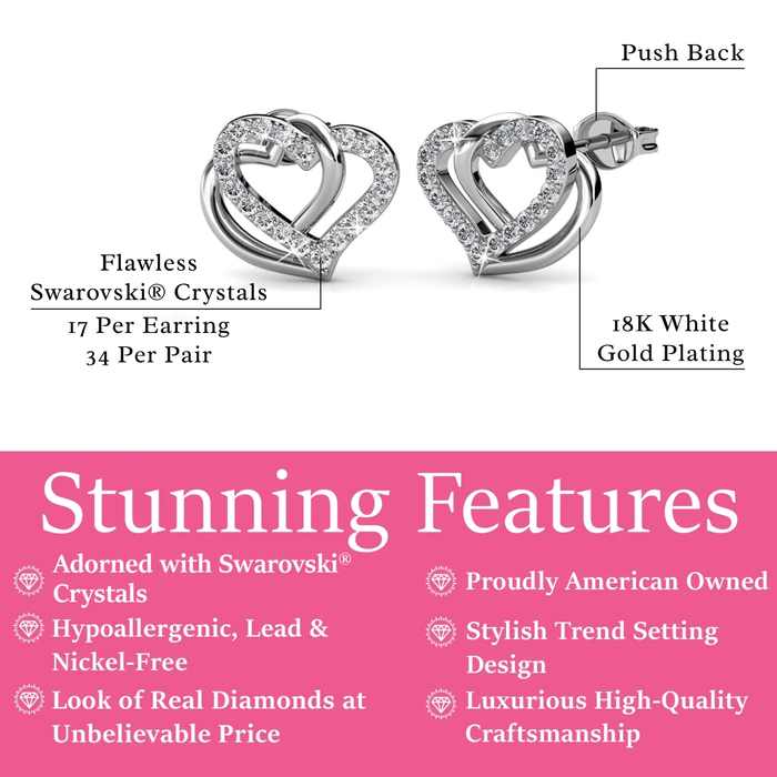 Angela 18k White Gold Plated Silver Double Heart Stud Earrings with Swarovski Crystals