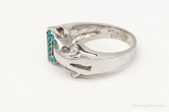 Antique Art Deco Green Blue Gemstone Sterling Silver Ring - Size 6.5