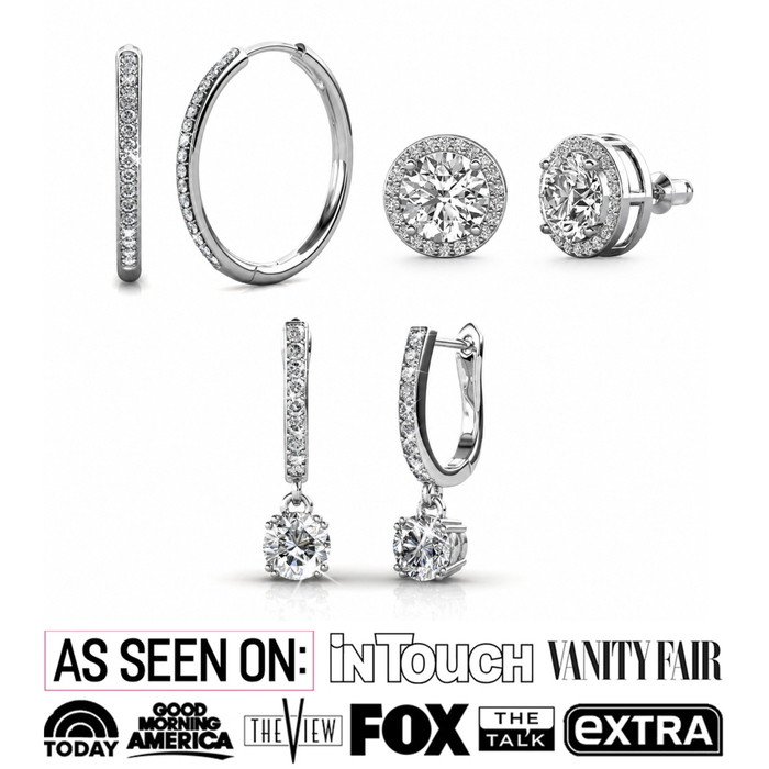 Bianca, McKenzie, Ariel 18k White Gold Plated Earrings with Simulated Diamond Crystals (3 Pair Set)