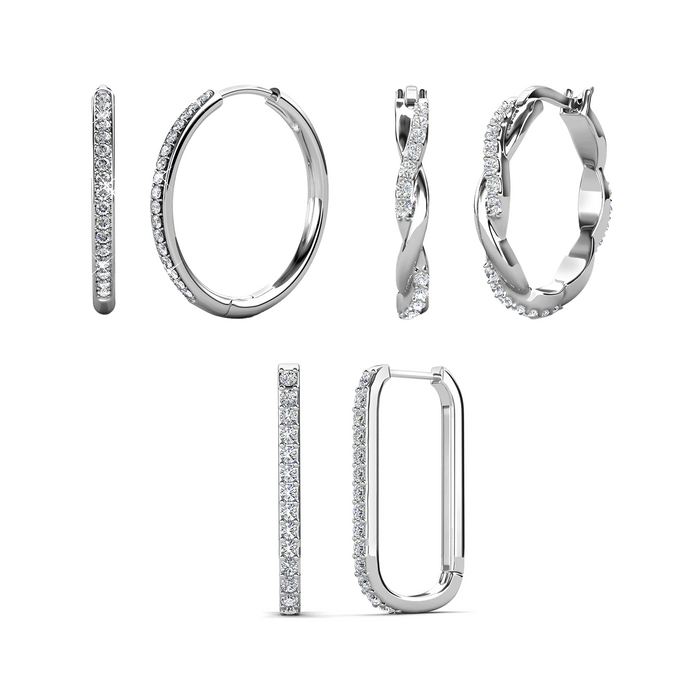 Bianca, Nadia, Lauren 18k White Gold Plated Hoop Earrings with Swarovski Crystals (3 Pair Set)