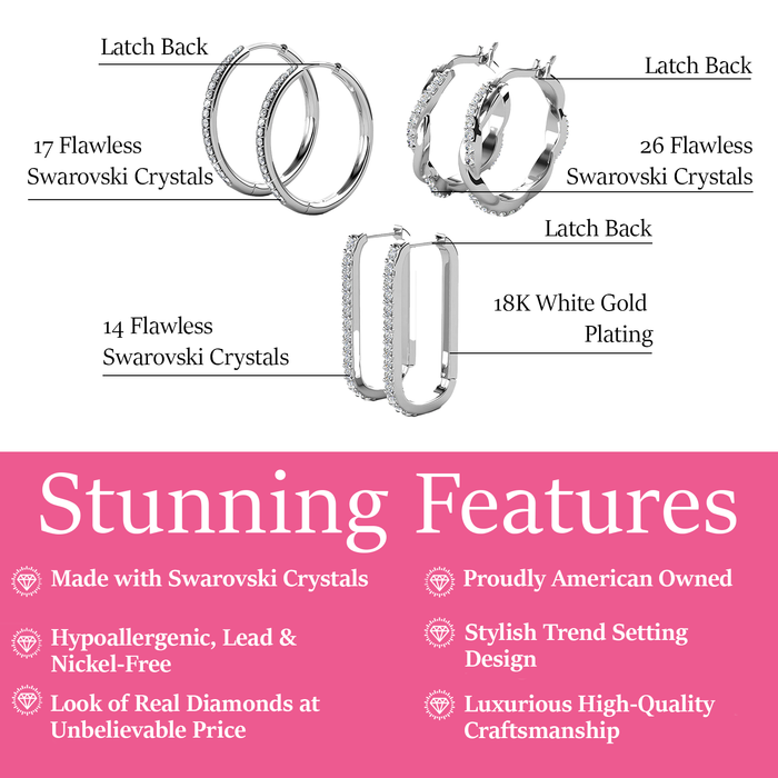 Bianca, Nadia, Lauren 18k White Gold Plated Hoop Earrings with Swarovski Crystals (3 Pair Set)