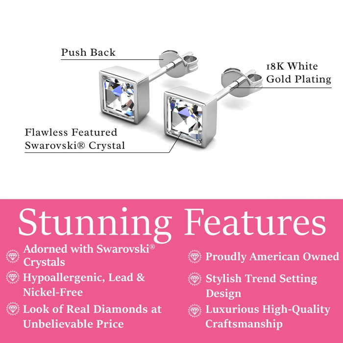 Brooke 18k White Gold Plated Stud Earrings with Princess Cut Swarovski Crystals