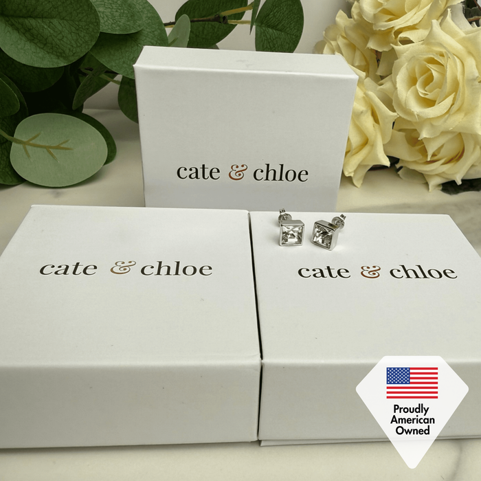 Brooke 18k White Gold Plated Stud Earrings with Princess Cut Swarovski Crystals