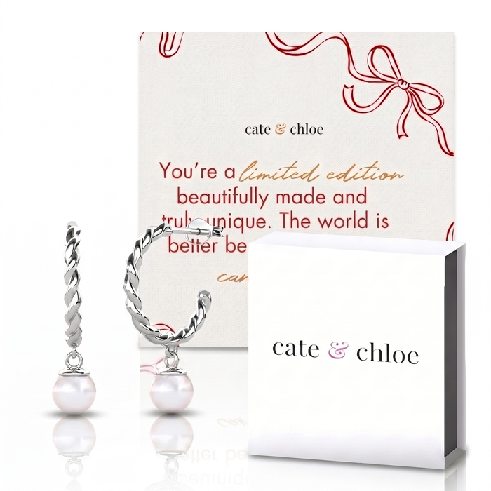 Cheyanne 18k White Gold Plated 16mm Hoop Pearl Earrings & Limited Edition Ribbon Card