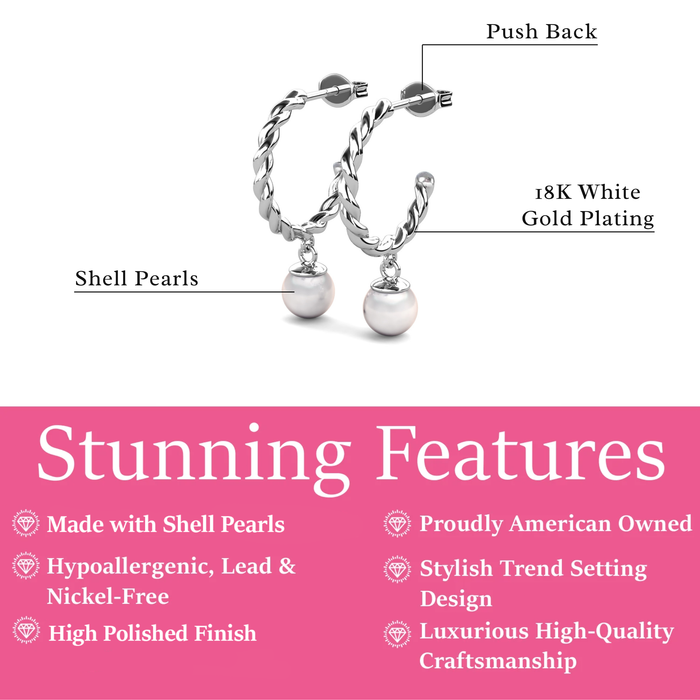Cheyanne 18k White Gold Plated 16mm Hoop Pearl Earrings & Limited Edition Ribbon Card