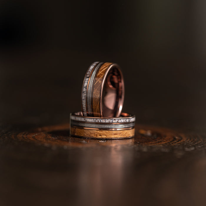 "Dionysus"  Whiskey Barrel Wood x  Antler x Fishing Line- Smoked Rose Gold Tungsten