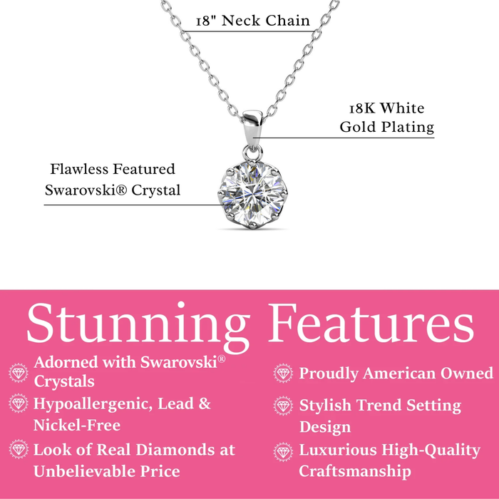 Eden 18k White Gold Plated Pendant Necklace with Solitaire Round Cut Swarovski Crystal