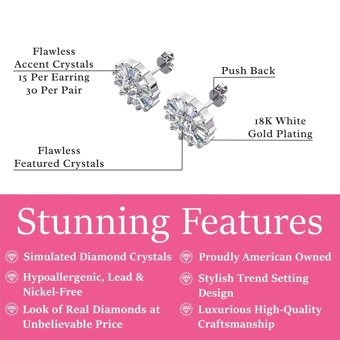 Ellee 18k White Gold Plated Stud Earrings with Simulated Diamond Crystals