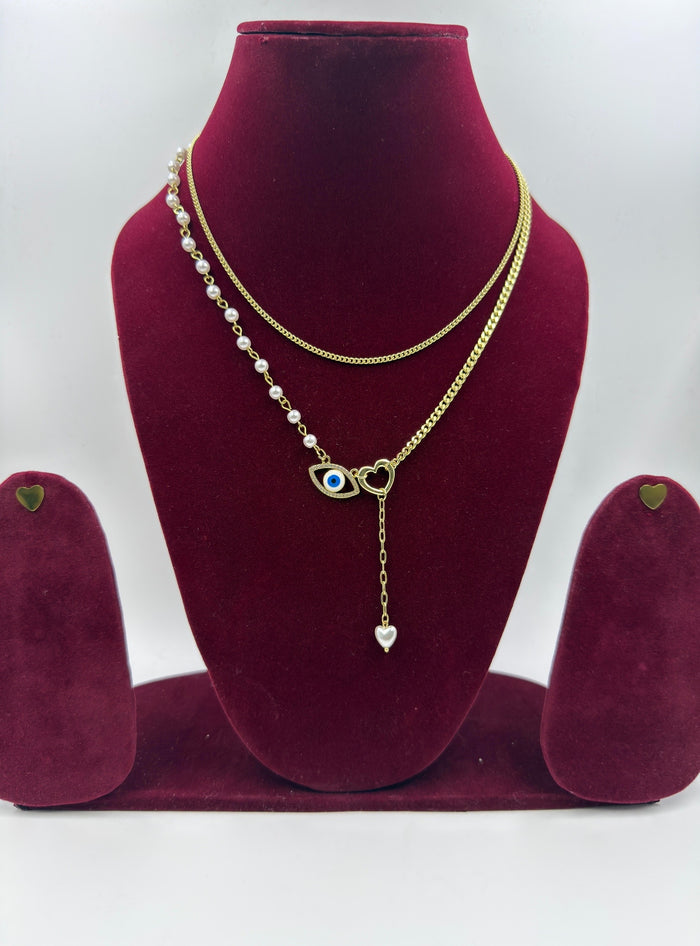 Gold Evil Eye Heart Fashion Jewellery Necklace Stud Earrings Set