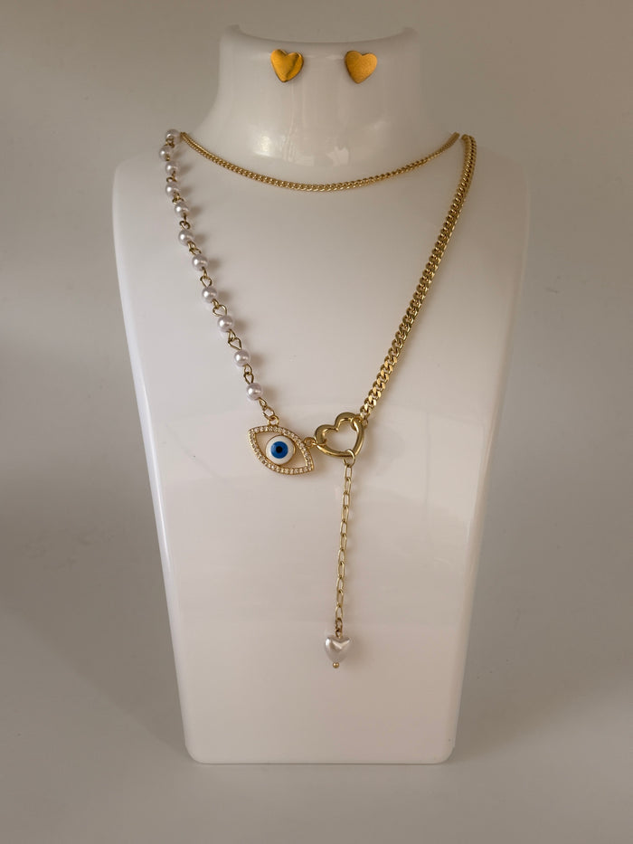 Gold Evil Eye Heart Fashion Jewellery Necklace Stud Earrings Set View 4