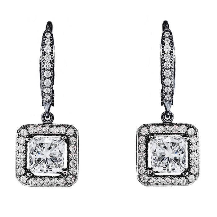 Ivy 18k White Gold Plated Halo Dangle Earrings with Princess Cut Simulated Diamond Crystals - Final Sale