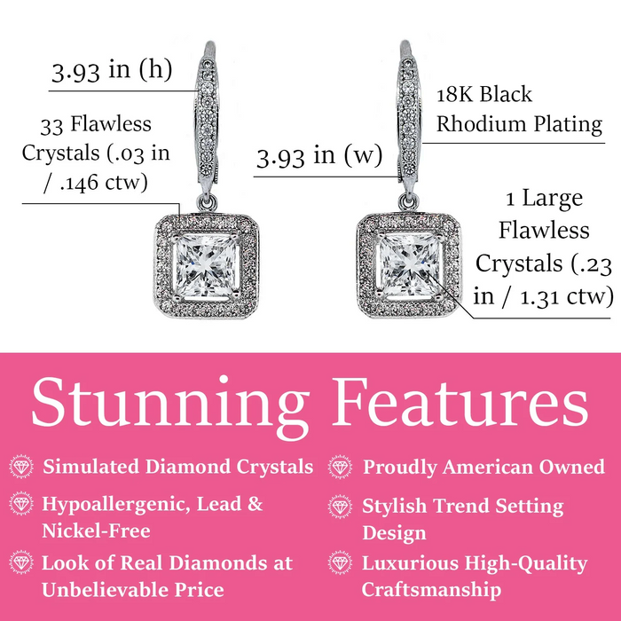 Ivy 18k White Gold Plated Halo Dangle Earrings with Princess Cut Simulated Diamond Crystals - Final Sale