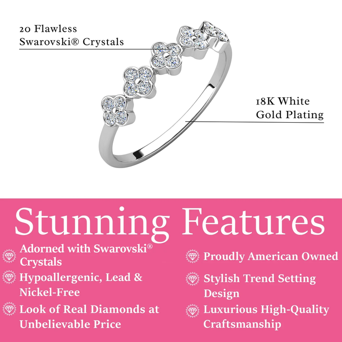 Linda 18k White Gold Plated Clover Flower Ring with Swarovski Crystals