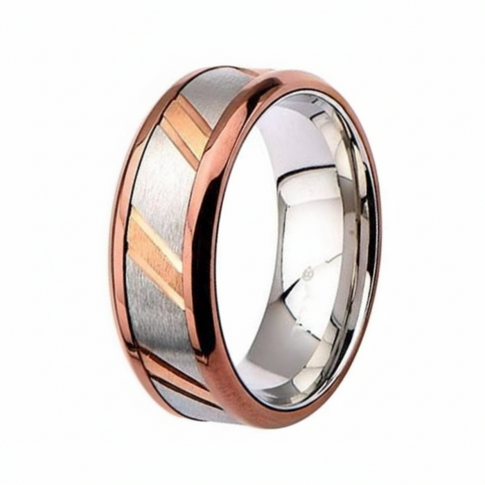 Men's Stainless Steel IP Rose Gold with Diagonal Lines Center - 8mm
