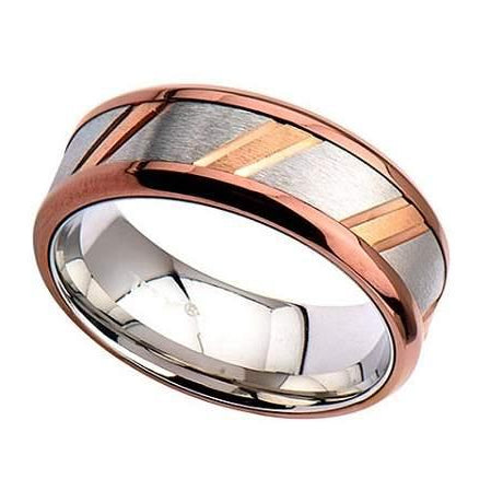 Men's Stainless Steel IP Rose Gold with Diagonal Lines Center - 8mm