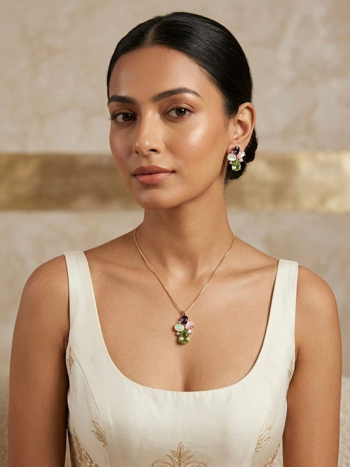 Multi Stone Pendant Necklace & Earrings Set