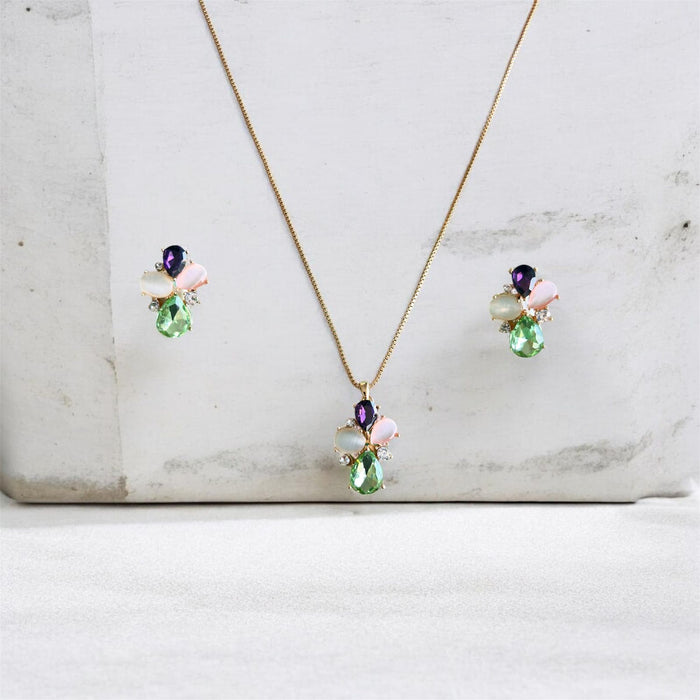 Multi Stone Pendant Necklace & Earrings Set