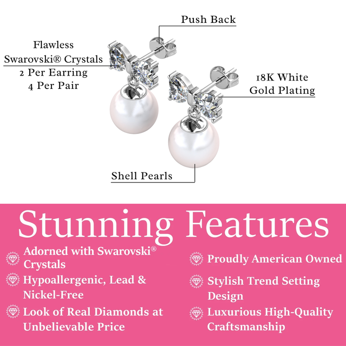 Oakley 18k White Gold Plated Silver Drop Pearl Earrings with Swarovski Crystals