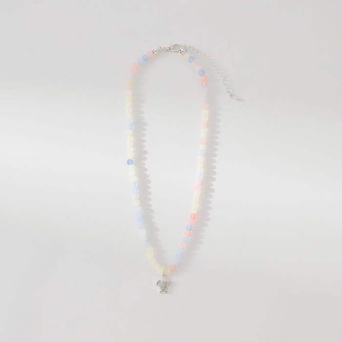 Stone beaded Necklace with clear Crystal Turtle charm assorted