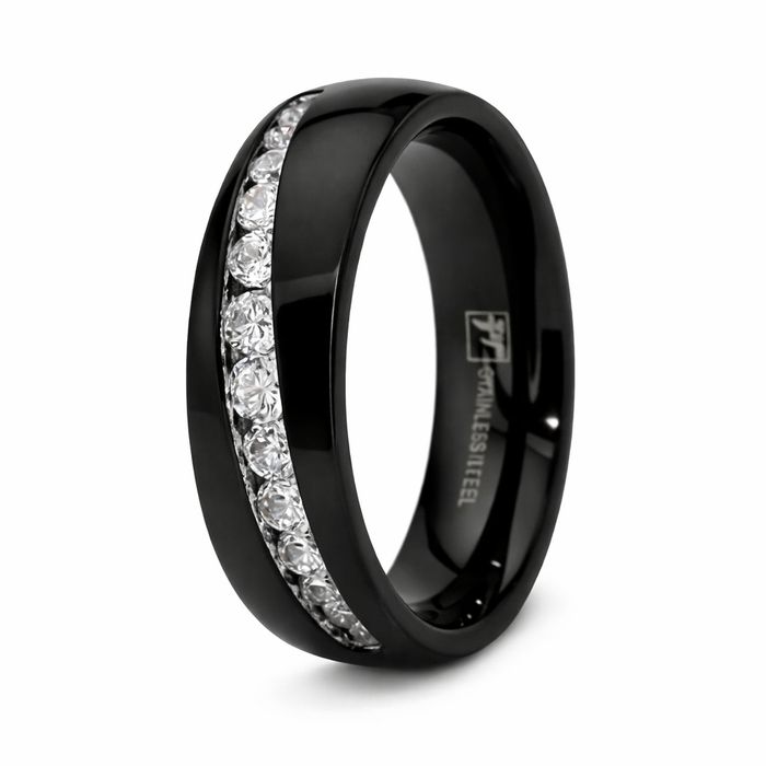 The Brilliance Black Stainless Steel Wedding Band with Offset 12 CZ's - 7mm