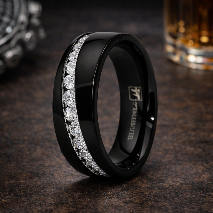 The Brilliance Black Stainless Steel Wedding Band with Offset 12 CZ's - 7mm