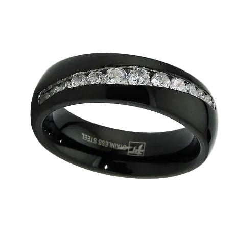 Black Stainless Steel Wedding Band with 12 CZ's - 7mm