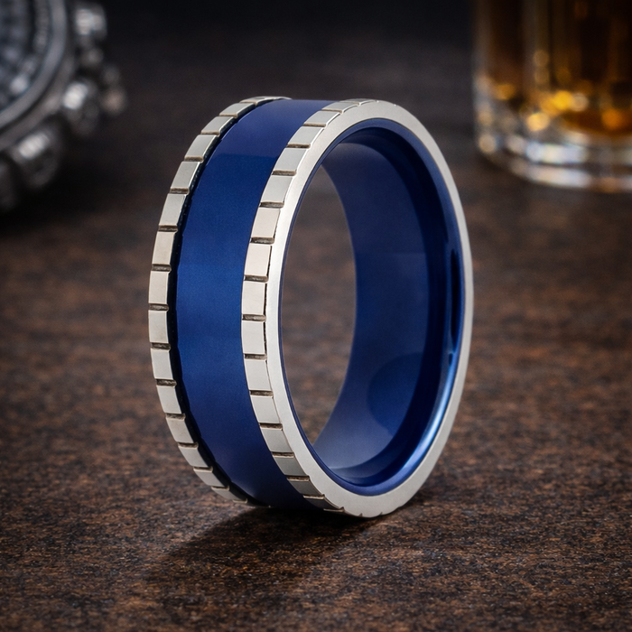 The Royal Stainless Steel Ceramic Royal Blue Ring With Block Edges-8mm