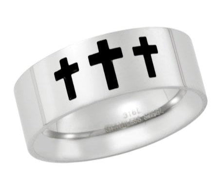 Men's Stainless Steel Triple Cross Ring with Flat Face and Polished Finish | 8mm