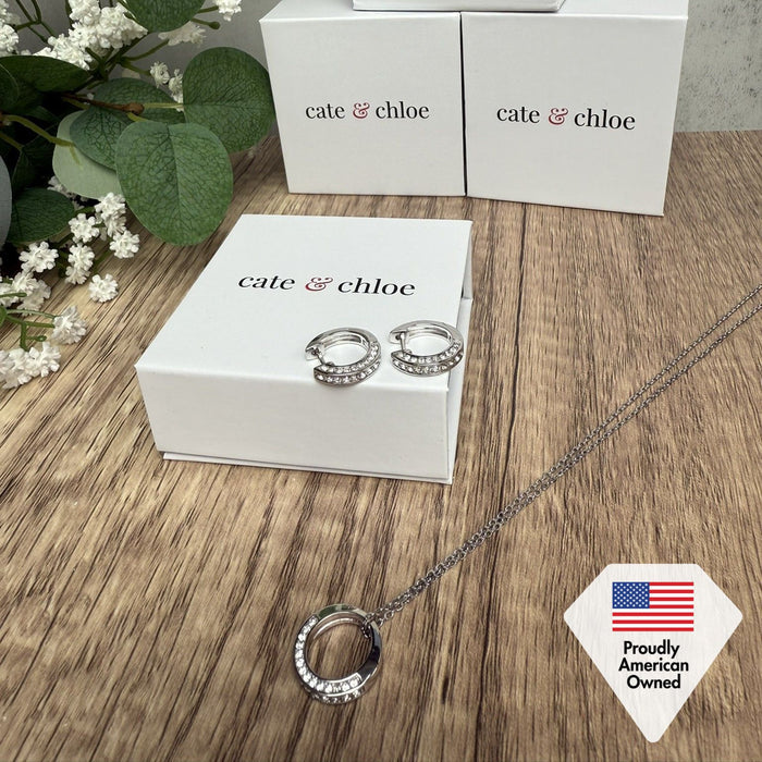 Viviana 18k White Gold Plated Hoop Pendant Necklace and Earring Set with Swarovski Crystals