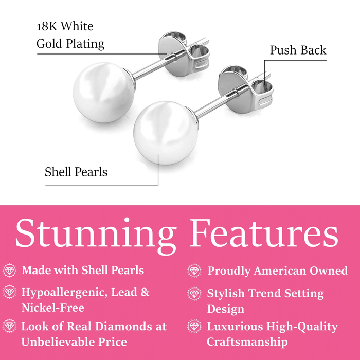 Vivienne 18k White Gold Plated Stud Earrings with Shell Pearls